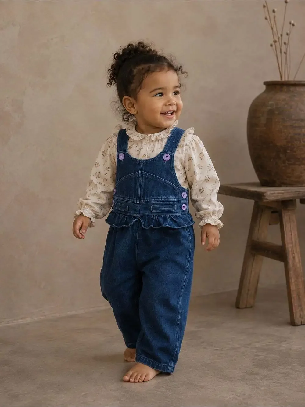 Vintage Yellow Moon Baby Denim Overalls 18M Ruffle Purple Buttons 90s